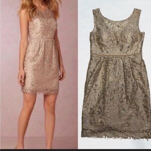 Jenny Yoo Harlow metallic lace sheath cocktail dress, in a silver-beige color 4